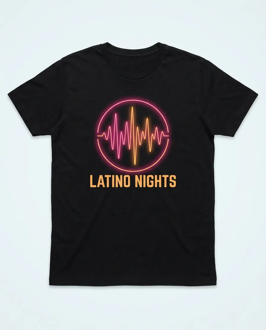 Schwarzes Shirt mit pinker Neon-Klangwelle im Kreis und dem Schriftzug Latino Nights