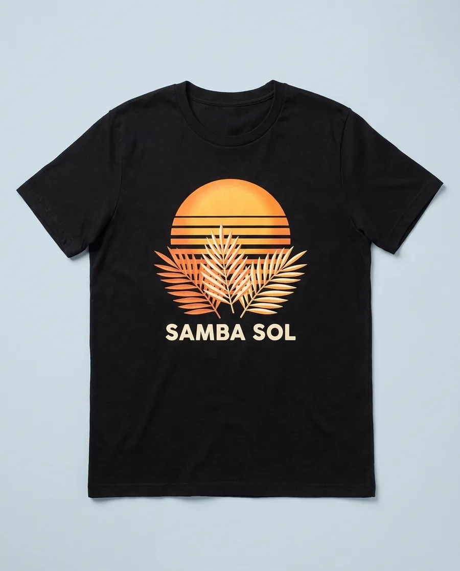 Schwarzes Shirt mit orangefarbener Sonne, Palmblättern und dem Schriftzug Samba Sol
